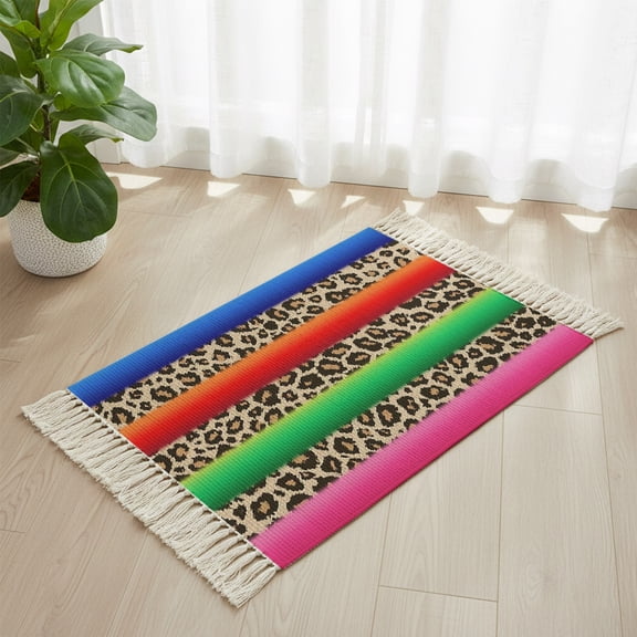 Bathroom Rug 2'x 3', Colorful Leopard Print Woven Cotton Washable Rug with Tassels, Brown Cheetah Animal Texture Non Slip Front Door Mat for Entrance, Doorway, Hallway, Laundry Room