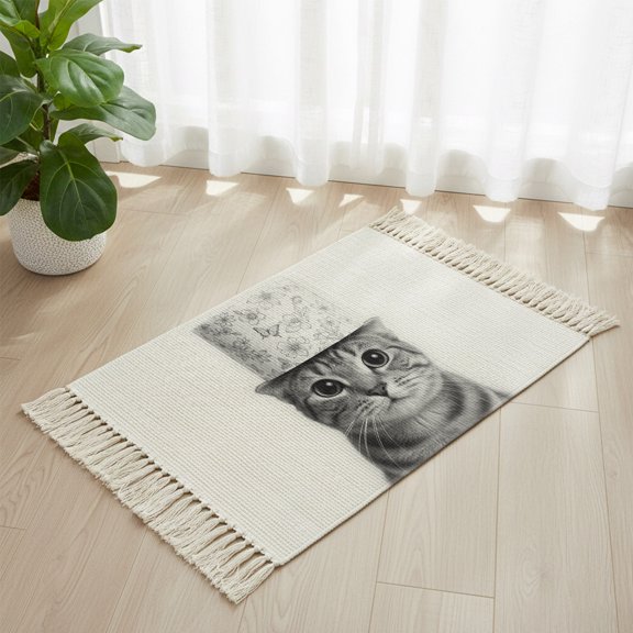 Bathroom Rug 2'x 3', Cute Cat Woven Cotton Washable Rug with Tassels, Funny Animal Toilet Paper Abstract Art Non Slip Front Door Mat for Entrance, Doorway, Hallway, Laundry Room