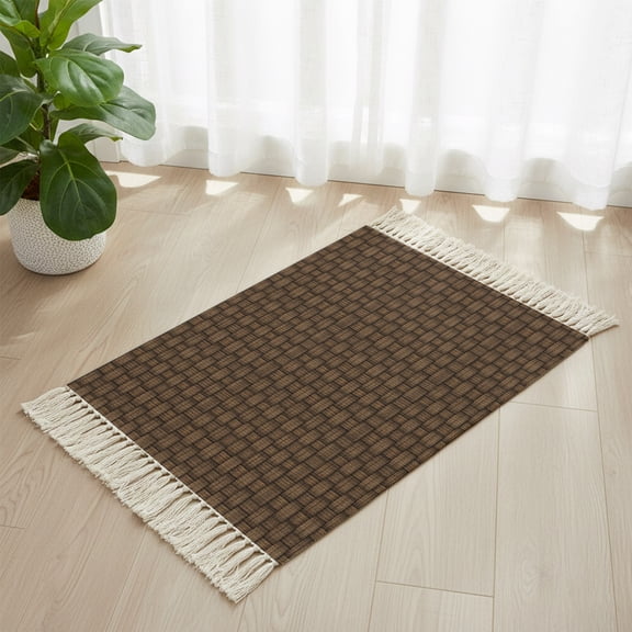 Bathroom Rug 2'x 3', Dark Brown Rattan Woven Cotton Washable Rug with Tassels, Vintage Abstract Wicker Texture Non Slip Front Door Mat for Entrance, Doorway, Hallway, Laundry Room