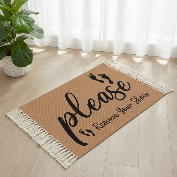 Bathroom Rug 2'x 3', Footprint Woven Cotton Washable Rug with Tassels, Vintage Brown Black Please Remove Your Shoes Non Slip Front Door Mat for Entrance, Doorway, Hallway, Laundry Room