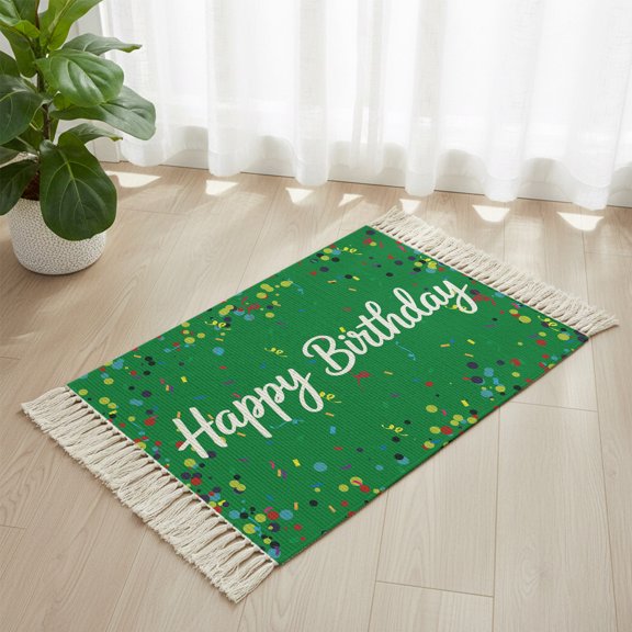 Bathroom Rug 2'x 3', Grass Green Birthday Woven Cotton Washable Rug with Tassels, Colorful Confetti Ribbons Polka Dots Classroom Non Slip Front Door Mat for Entrance, Doorway, Hallway, Laundry Room