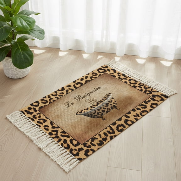 Bathroom Rug 2'x 3', Leopard Printed Woven Cotton Washable Rug with Tassels, Funny Animals Textured Bathtubs Non Slip Front Door Mat for Entrance, Doorway, Hallway, Laundry Room
