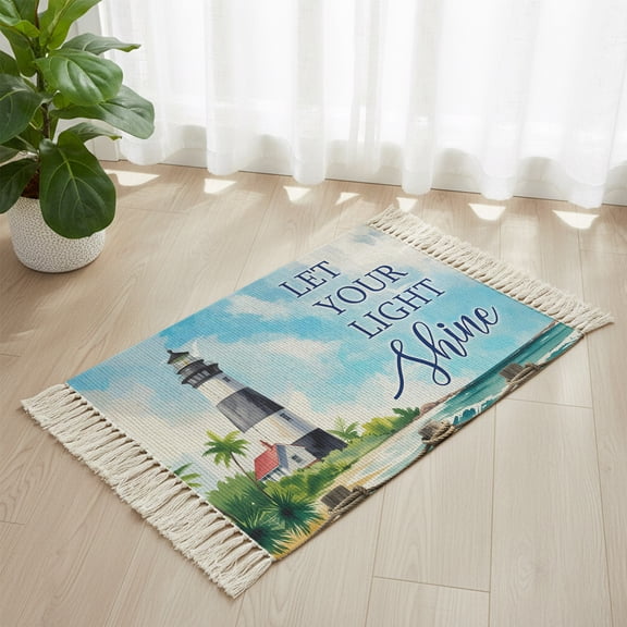 Bathroom Rug 2'x 3', Lighthouse Woven Cotton Washable Rug with Tassels, Blue Coastal Nautical Ocean Beach Palm Tree Non Slip Front Door Mat for Entrance, Doorway, Hallway, Laundry Room