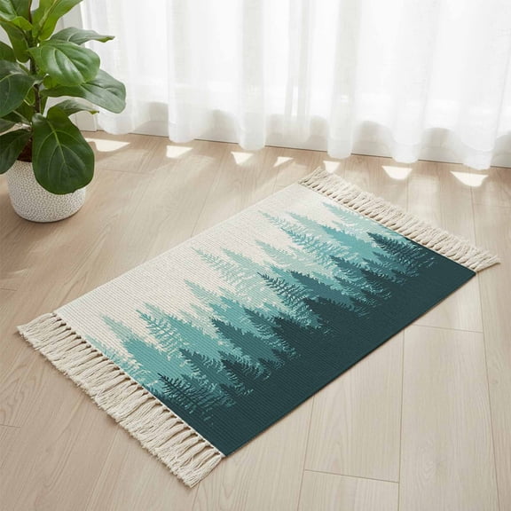 Bathroom Rug 2'x 3', Modern Forest Aqua, Woven Cotton Washable Rug with Tassels, Gradient Aesthetics Modern Color Decor Non Slip Front Door Mat for Entrance, Doorway, Hallway, Laundry Room