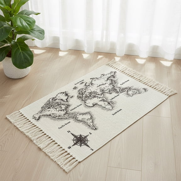 Bathroom Rug 2'x 3', Nautical Map Woven Cotton Washable Rug with Tassels, Coastal Vintage Ocean Map Compass Non Slip Front Door Mat for Entrance, Doorway, Hallway, Laundry Room