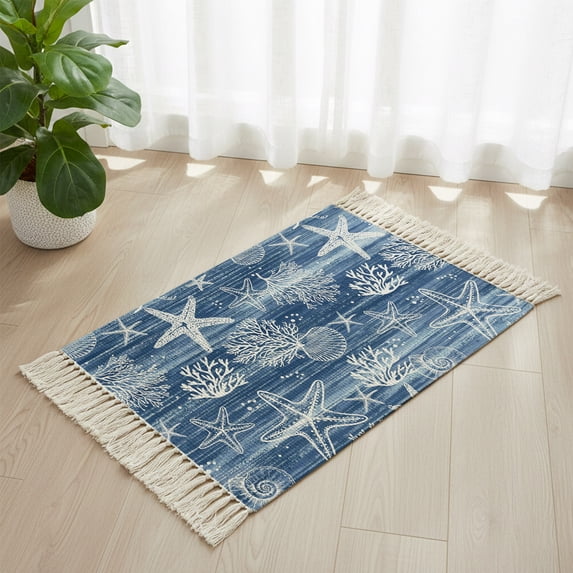 Bathroom Rug 2'x 3', Navy Blue Coastal Woven Cotton Washable Rug with Tassels, Summer Beach Ocean Coral Starfish Non Slip Front Door Mat for Entrance, Doorway, Hallway, Laundry Room