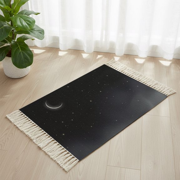 Bathroom Rug 2'x 3', Night Stars Moon Woven Cotton Washable Rug with Tassels, Modern Abstract Art Cloud Fog Non Slip Front Door Mat for Entrance, Doorway, Hallway, Laundry Room