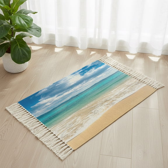 Bathroom Rug 2'x 3', Ocean Beach Woven Cotton Washable Rug with Tassels, Blue Sky Waves Sand Horizon Shore Summer Non Slip Front Door Mat for Entrance, Doorway, Hallway, Laundry Room