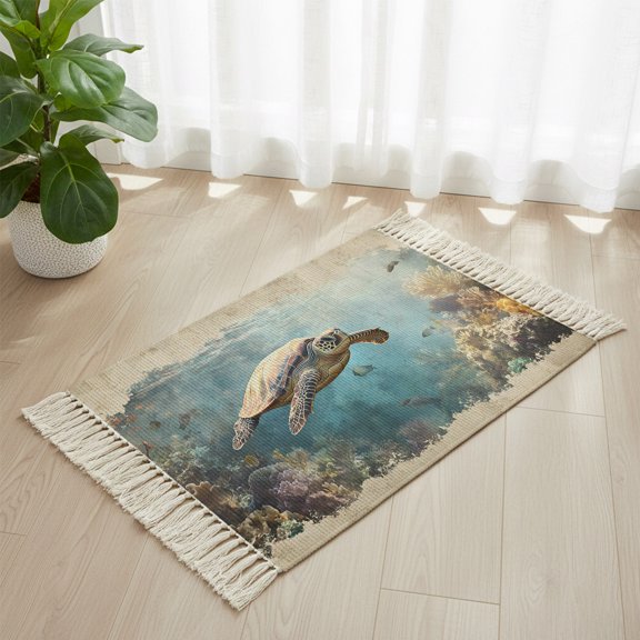 Bathroom Rug 2'x 3', Ocean Turtle Woven Cotton Washable Rug with Tassels, Retro Coral Reef Illustration Coastal Non Slip Front Door Mat for Entrance, Doorway, Hallway, Laundry Room