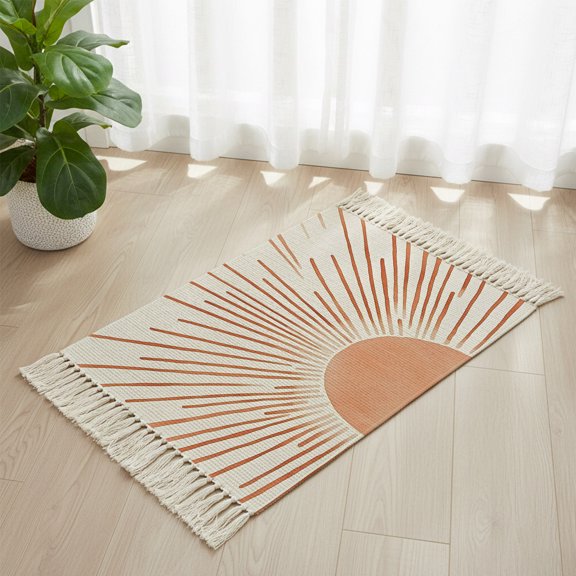 Bathroom Rug 2'x 3', Orange Sunshine Woven Cotton Washable Rug with Tassels, Lines Retro Abstract Middle Century Non Slip Front Door Mat for Entrance, Doorway, Hallway, Laundry Room