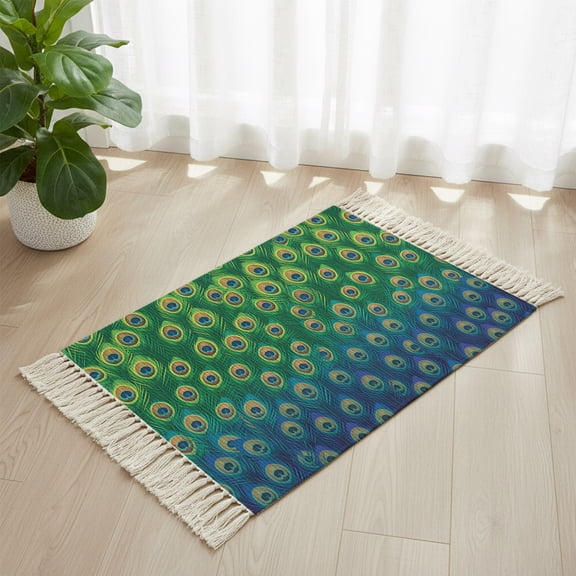 Bathroom Rug 2'x 3', Peacock Feathers Woven Cotton Washable Rug with Tassels, Ombre Blue Green Modern Animals Printed Non Slip Front Door Mat for Entrance, Doorway, Hallway, Laundry Room