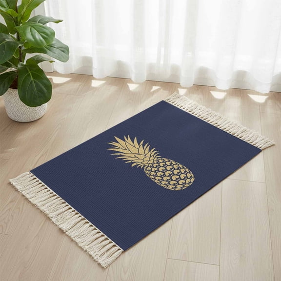 Bathroom Rug 2'x 3', Pineapple Woven Cotton Washable Rug with Tassels, Gold Yellow Navy Blue Tropical Fruit Summer Non Slip Front Door Mat for Entrance, Doorway, Hallway, Laundry Room