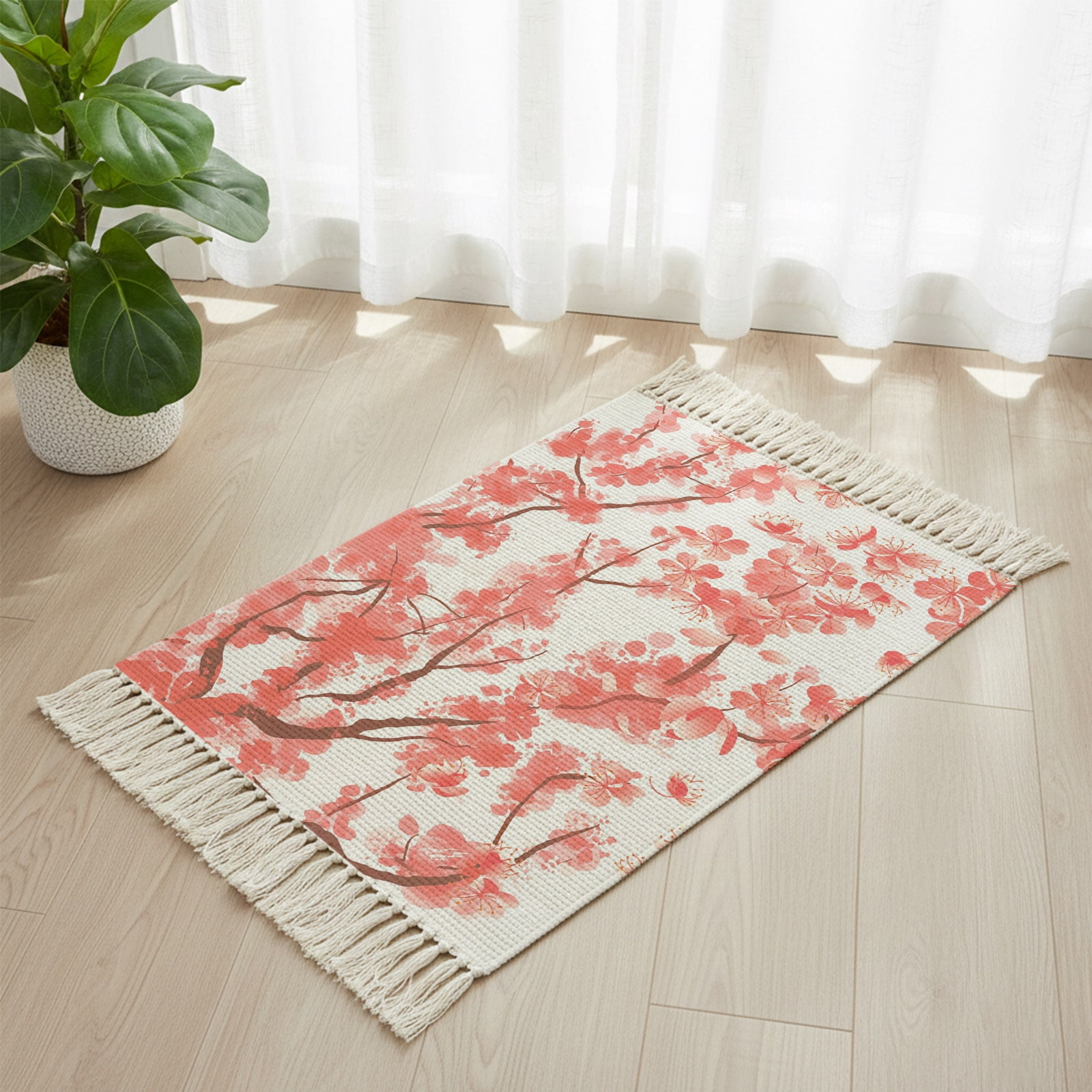 Bathroom Rug 2'x 3', Pink Red Flower Woven Cotton Washable Rug with ...