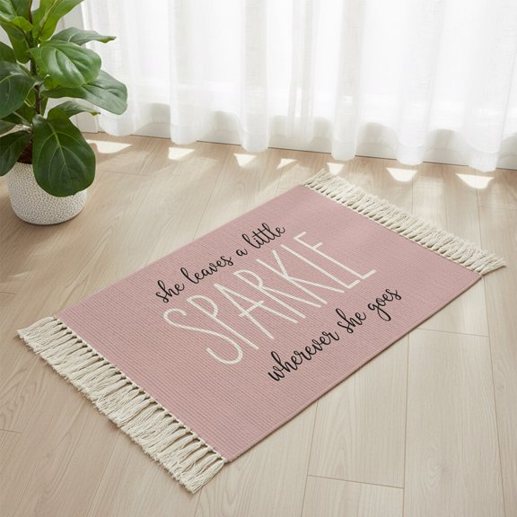 Bathroom Rug 2'x 3', Pink Woven Cotton Washable Rug with Tassels, She Leaves A Little SPARKLE Wherever She Goes Non Slip Front Door Mat for Entrance, Doorway, Hallway, Laundry Room