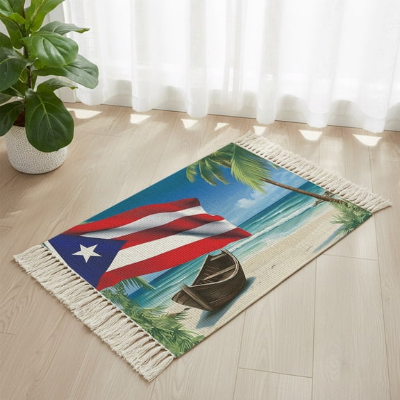Bathroom Rug 2'x 3', Puerto Rico Flag Sea Woven Cotton Washable Rug with Tassels, Beach Palm Trees Boat Nautical Non Slip Front Door Mat for Entrance, Doorway, Hallway, Laundry Room