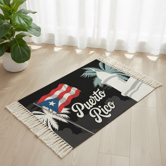 Bathroom Rug 2'x 3', Puerto Rico Flag Woven Cotton Washable Rug with Tassels, Modern Art Palm Tree American Flags Non Slip Front Door Mat for Entrance, Doorway, Hallway, Laundry Room