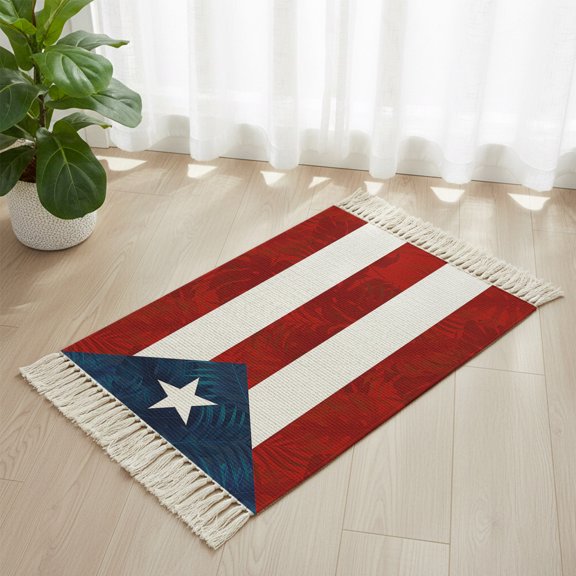 Bathroom Rug 2'x 3', Puerto Rico Flag Woven Cotton Washable Rug with Tassels, Palm Leaf Botanical Red Striped Blue Star Non Slip Front Door Mat for Entrance, Doorway, Hallway, Laundry Room