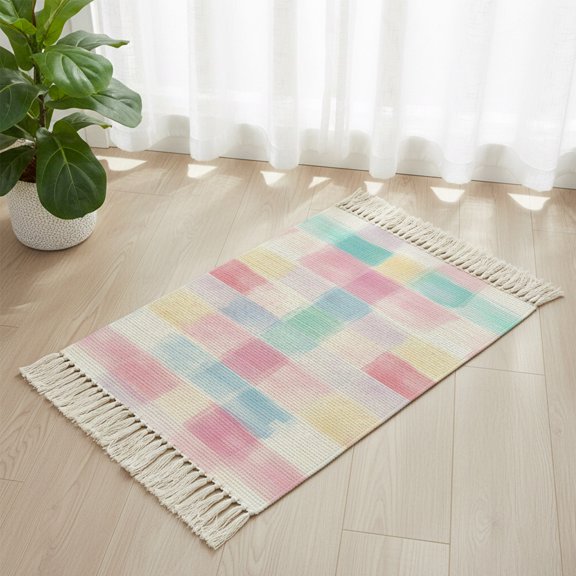 Bathroom Rug 2'x 3', Punk Blue Check Woven Cotton Washable Rug with Tassels, Boho Rainbow Minimalist Aesthetic Non Slip Front Door Mat for Entrance, Doorway, Hallway, Laundry Room