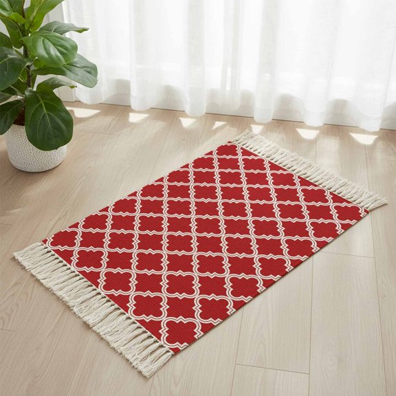 Bathroom Rug 2'x 3', Quatrefoil Moroccan Pattern Woven Cotton Washable Rug with Tassels, Geometric Red Backdrop Non Slip Front Door Mat for Entrance, Doorway, Hallway, Laundry Room