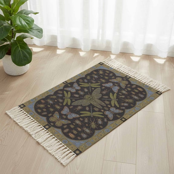Bathroom Rug 2'x 3', Retro Dragonfly Woven Cotton Washable Rug with Tassels, Country Butterflies Insects Geometric Flowers Non Slip Front Door Mat for Entrance, Doorway, Hallway, Laundry Room