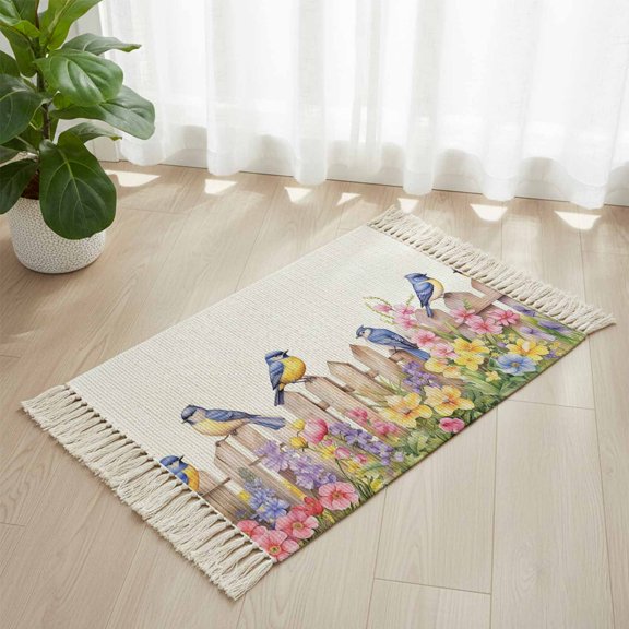 Bathroom Rug 2'x 3', Spring Floral Woven Cotton Washable Rug with Tassels, Summer Birds Botanical Fence Non Slip Front Door Mat for Entrance, Doorway, Hallway, Laundry Room
