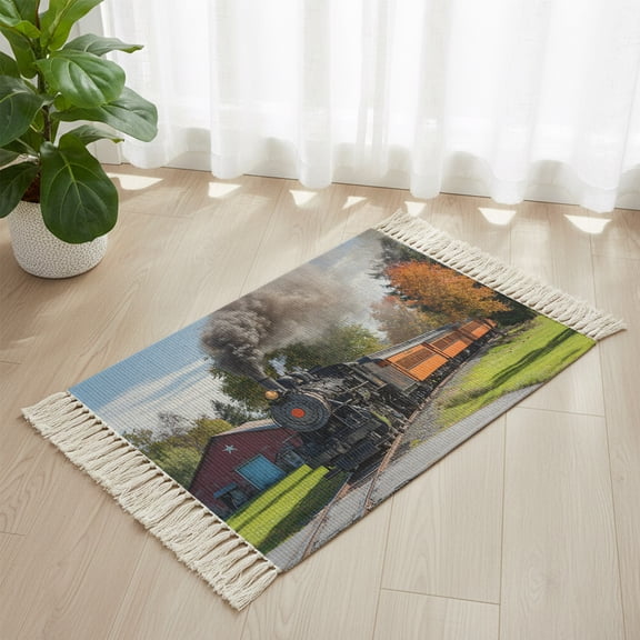 Bathroom Rug 2'x 3', Steam Train Woven Cotton Washable Rug with Tassels, Railroad Country Barn Rustic Trees Farmhouse Non Slip Front Door Mat for Entrance, Doorway, Hallway, Laundry Room