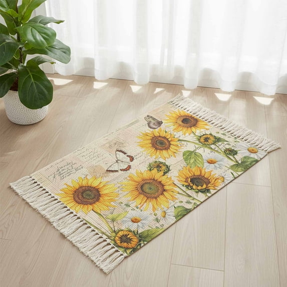 Bathroom Rug 2'x 3', Sunflower Farmhouse Woven Cotton Washable Rug with Tassels, Spring Summer Retro Floral Butterflies Non Slip Front Door Mat for Entrance, Doorway, Hallway, Laundry Room