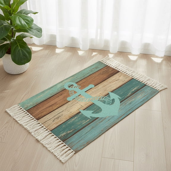 Bathroom Rug 2'x 3', Turquoise Anchor Woven Cotton Washable Rug with Tassels, Nautical Brown Green Retro Wood Grain Non Slip Front Door Mat for Entrance, Doorway, Hallway, Laundry Room