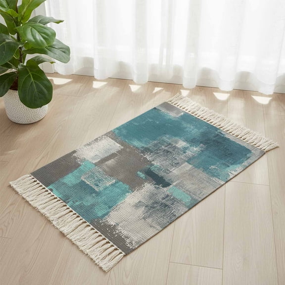 Bathroom Rug 2'x 3', Turquoise Grey Woven Cotton Washable Rug with Tassels, Abstract Square Graffiti Modern Smear Non Slip Front Door Mat for Entrance, Doorway, Hallway, Laundry Room