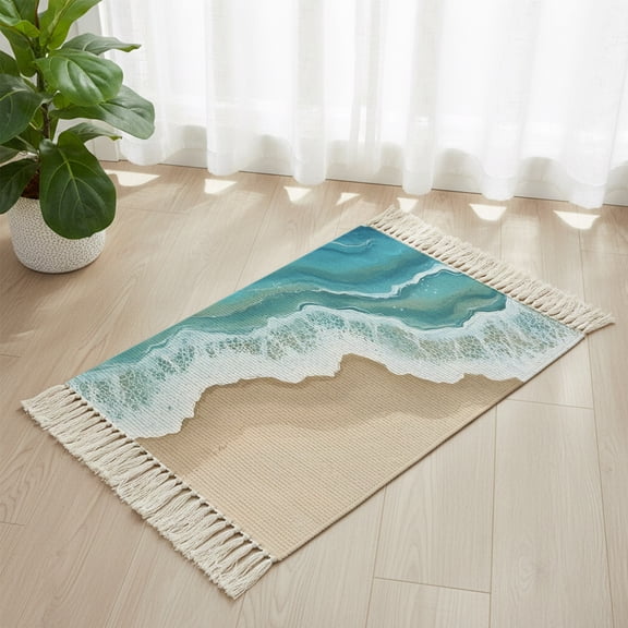 Bathroom Rug 2'x 3', Turquoise Ocean Woven Cotton Washable Rug with Tassels, Gradient Brown Shore Sandy Beach Abstract Non Slip Front Door Mat for Entrance, Doorway, Hallway, Laundry Room