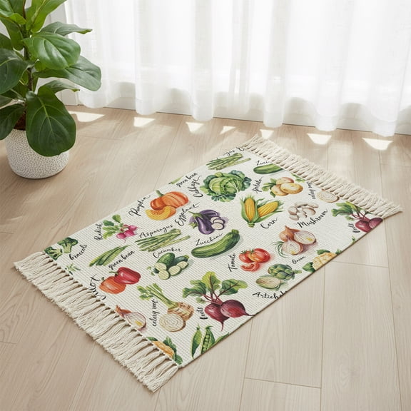 Bathroom Rug 2'x 3', Vegetables Woven Cotton Washable Rug with Tassels, Watercolor Farmhouse Fruits Non Slip Front Door Mat for Entrance, Doorway, Hallway, Laundry Room