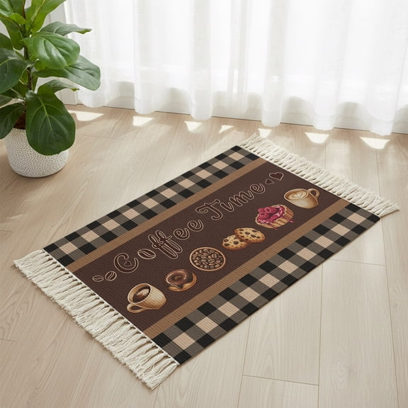 Bathroom Rug 2'x 3', Vintage Coffee Time Woven Cotton Washable Rug with Tassels, Farmhouse Desserts Black White Plaid Non Slip Front Door Mat for Entrance, Doorway, Hallway, Laundry Room
