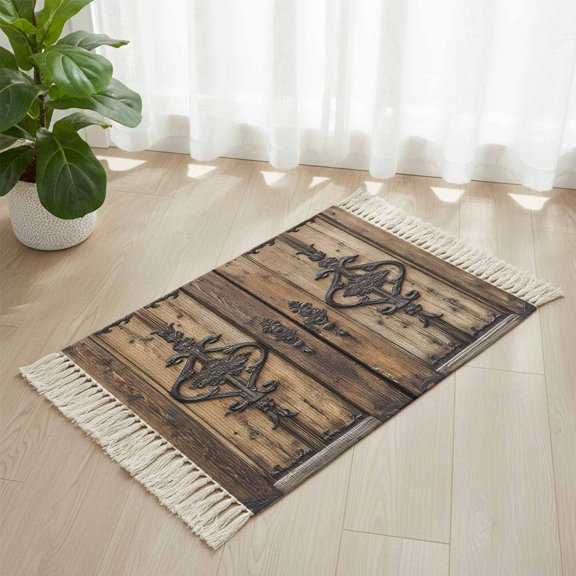 Bathroom Rug 2'x 3', Wooden Plank Woven Cotton Washable Rug with Tassels, Rustic Farmhouse Brown Black Barn Door Non Slip Front Door Mat for Entrance, Doorway, Hallway, Laundry Room