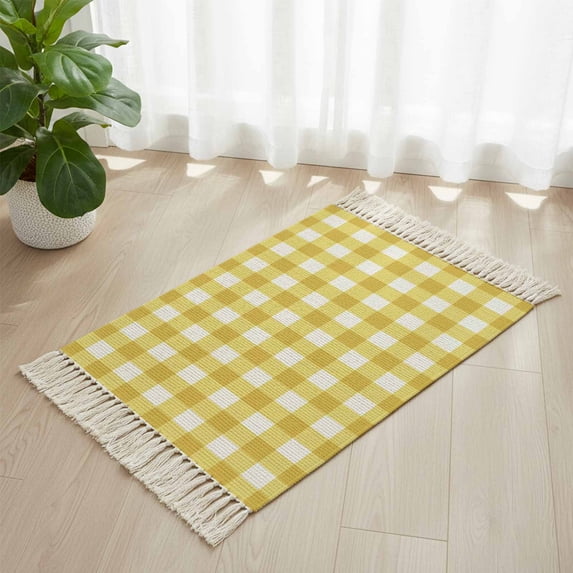 Bathroom Rug 2'x 3', Yellow Gradient Woven Cotton Washable Rug with Tassels, Farm Plaid Buffalo Checkered Gingham Non Slip Front Door Mat for Entrance, Doorway, Hallway, Laundry Room