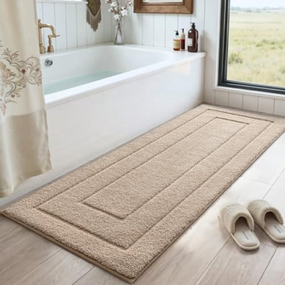 Bathroom Rug 60x24 Non Slip Washable Bath Mat Runner for Shower Floor Extra Long Absorbent Soft Bathmat with Rubber Backing Quick Dry Microfiber Carpet Beige