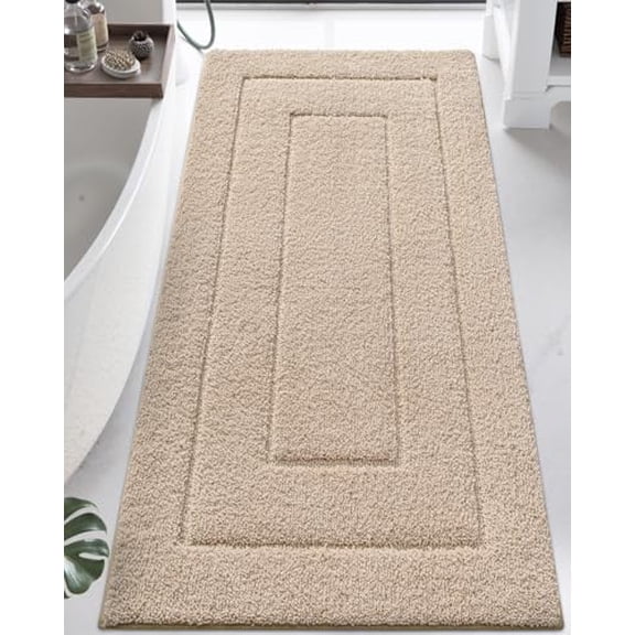 Bathroom Rug 60x24, Non Slip Washable Bath Mat Runner for Shower Floor, Extra Long Absorbent Soft Bathmat with Rubber Backing, Quick Dry Microfiber Carpet, Beige