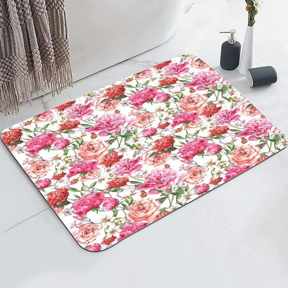 Bathroom Rug,Absorbent Non-Slip Indoor Rugs for Bathtub and Shower Floor,Durable Rubber Backing Print Bath Mat,Pink Rose Floral Flower Petals Green Leaves Buds Spring Romantic 36 x 24 Inch