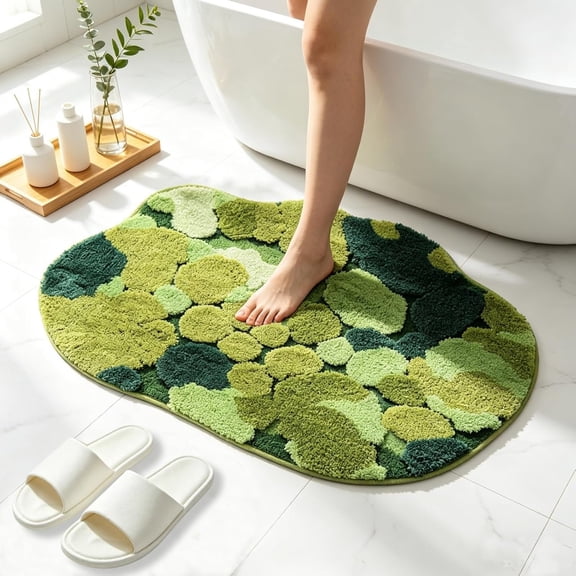 Bathroom Rug Bath Mat, Green Moss Shaggy Soft Microfiber, Non-Slip Absorbent Machine Washable, Forest Aesthetic Decor for Shower Bathtub, 20x32 Inch