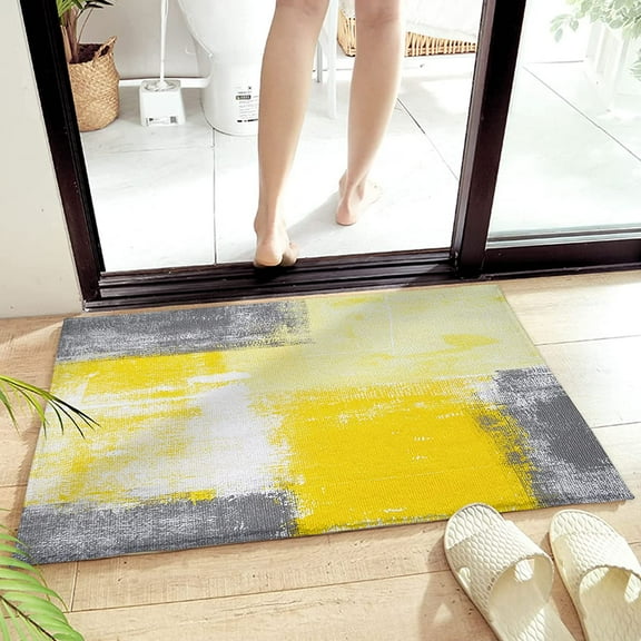 Bathroom Rug Bath Mat Minimalist Yellow Gray Abstract Geometric Oil Painting Extra Absorbent Shower Rug Non Slip Door Mat Microfiber Plush Stand Mat Thick Shaggy Floor Mat Entrance