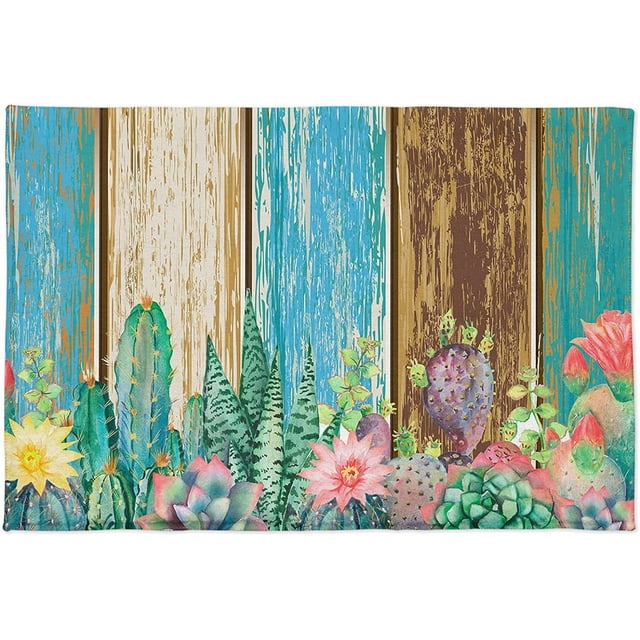 Bathroom Rug Bath Mat, Summer Farmhouse Succulent Plants Cactus Rustic