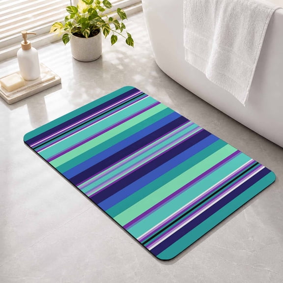 Bathroom Rug Blue Green Vertical Stripes Water Absorbent Non-Slip Bath Mat, Washable Quick-Dry Bathroom Floor Mat for Bathtub, Shower, Sink 16" x 24" Modern Abstract Line