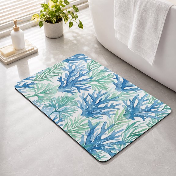 Bathroom Rug Coastal Branching Coral Water Absorbent Non-Slip Bath Mat, Washable Quick-Dry Bathroom Floor Mat for Bathtub, Shower, Sink 16" x 24" Coastal Reef Boho Green Blue