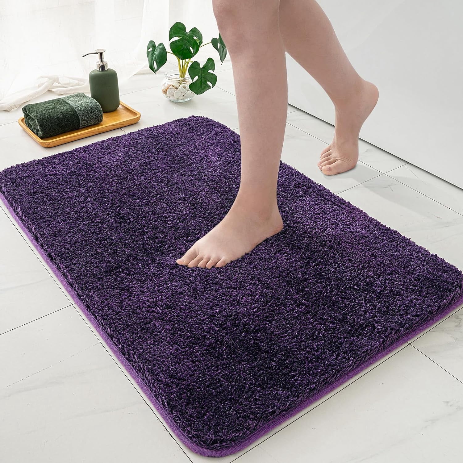 Bathroom Rug - Cute Absorbent Bath Mat Made of Thick Fluffy Microsiber for Bathroom Floor, Tub or Entryway, Non Slip Rubber Backside for Extra Safety, Machine Washable - Dark Purple, 16''x24''
