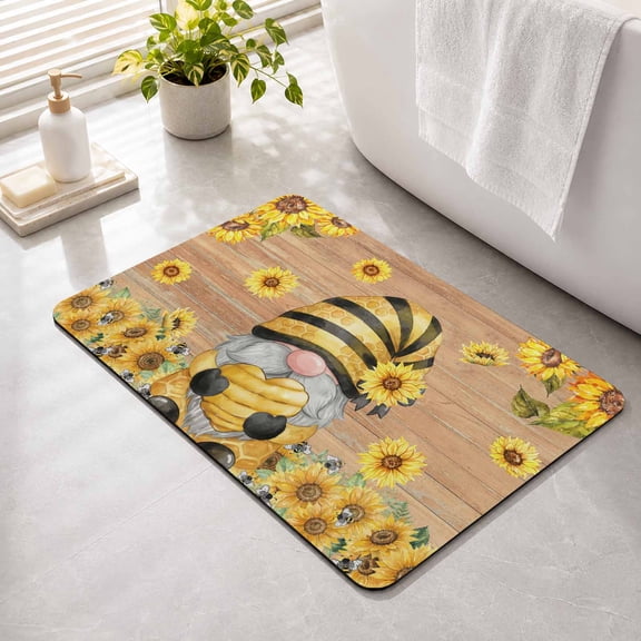 Bathroom Rug Gnome Sunflowers Water Absorbent Non-Slip Bath Mat, Washable Quick-Dry Bathroom Floor Mat for Bathtub, Shower, Sink 16" x 24" Summer Farmhouse Yellow Floral Wooden