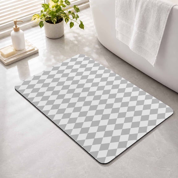 Bathroom Rug Grey Diamond Plaid Water Absorbent Non-Slip Bath Mat, Washable Quick-Dry Bathroom Floor Mat for Bathtub, Shower, Sink 16" x 24" White Geometric Check
