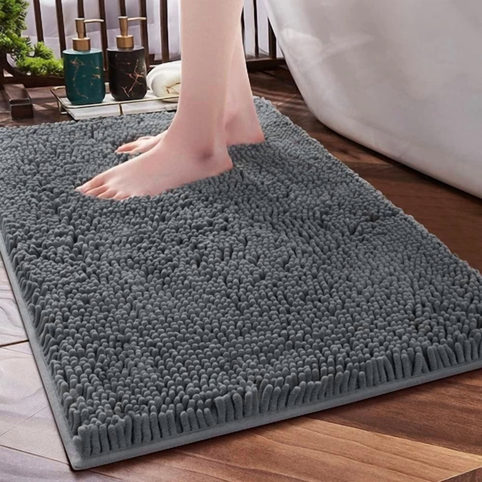 Bathroom Rug Mat, 24'' X 17'', Luxury Chenille Shaggy Non-Slip Bath Rugs, Grey