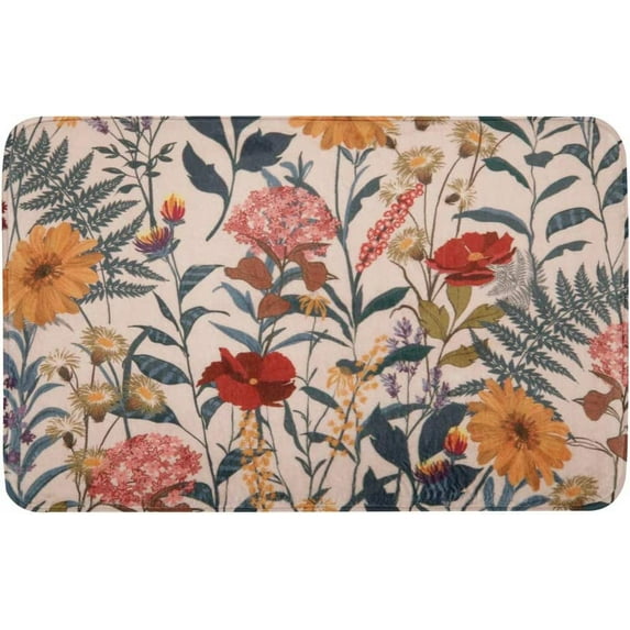 Bathroom Rug Mat,24X16,Super Soft and Absorbent Shaggy Plush Floral Bath Rugs,Non Slip,Machine Wash and Dry,Carpet Mats for Shower and Bathroom,Warm,Red Pink Flowers Blue Leaves