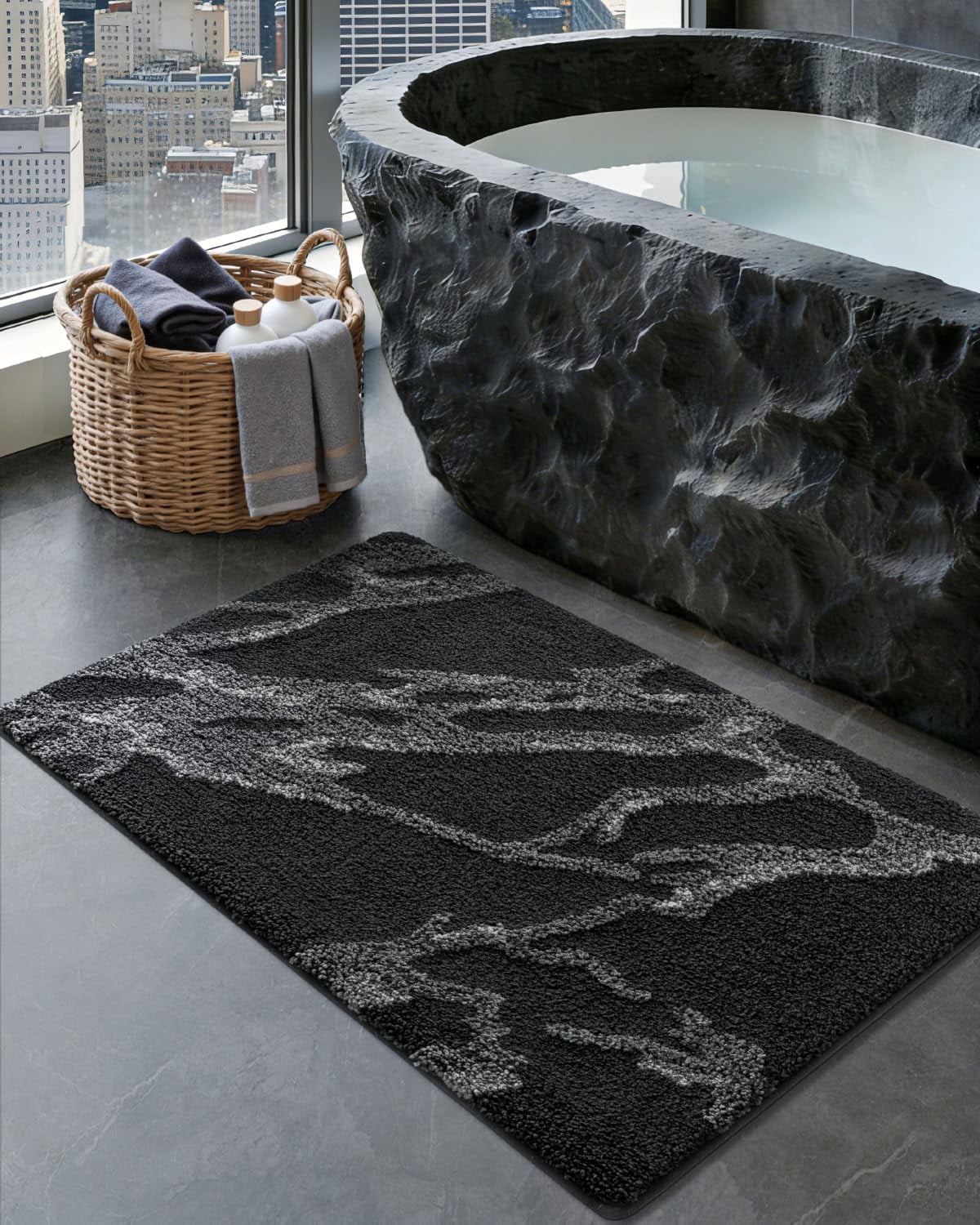 Bathroom Rug Mat 24x36, Soft and Absorbent Marble Bath Mat, Non Slip Machine Washable Bath Rugs for Shower Floor, Tub, Sink, Black
