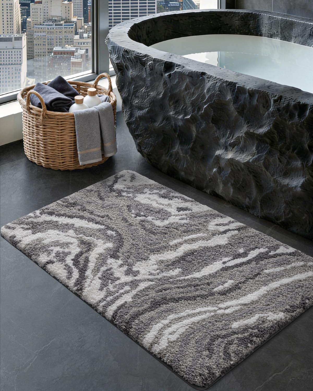 Bathroom Rug Mat 24x36, Soft and Absorbent Marble Bath Mat, Non Slip Machine Washable Bath Rugs for Shower Floor, Tub, Sink, Grey and White