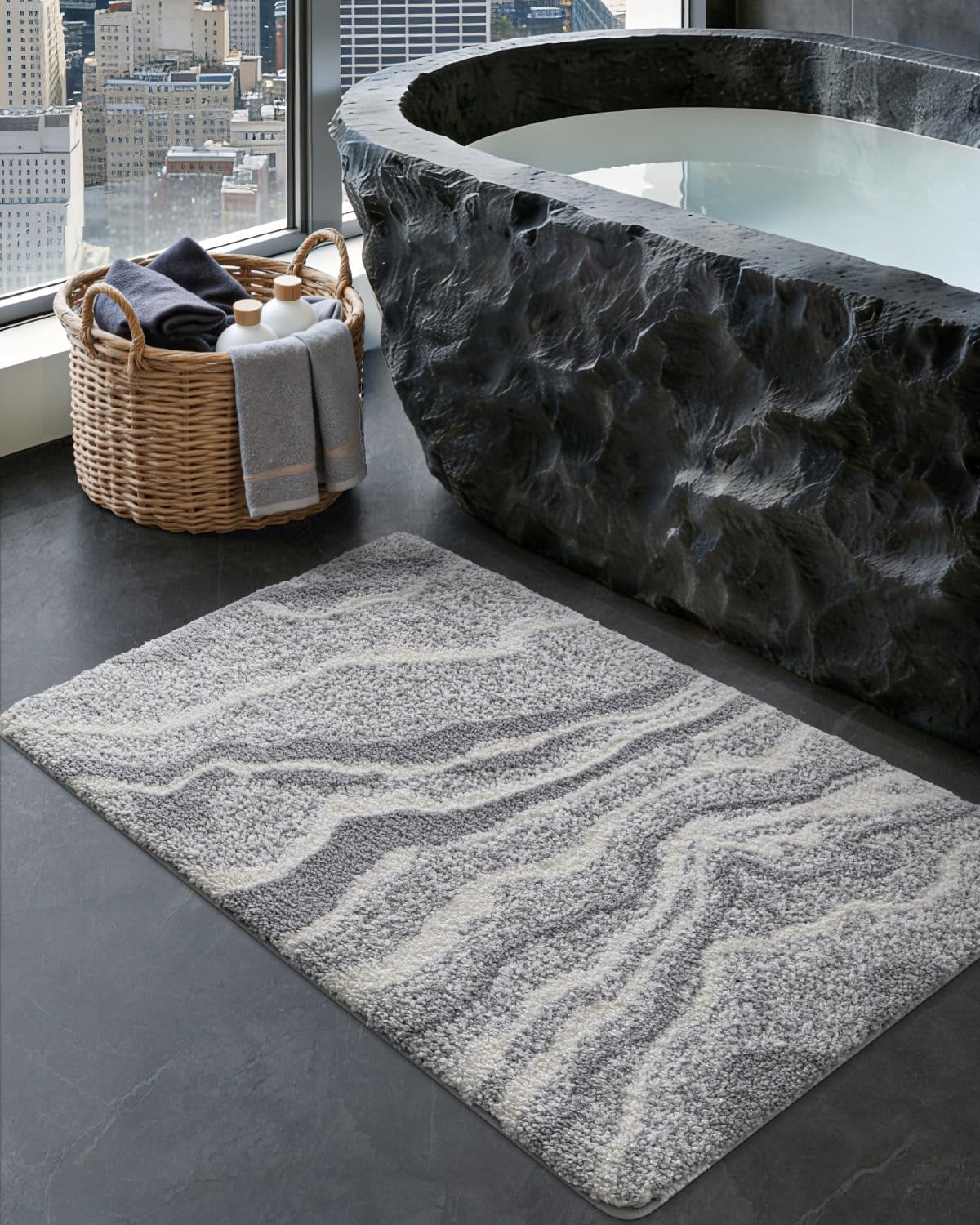 Bathroom Rug Mat 24x36, Soft and Absorbent Marble Bath Mat, Non Slip Machine Washable Bath Rugs for Shower Floor, Tub, Sink, Grey